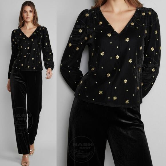 Sézane 36 Galeo Velvet Blouse | Black Gold Embroidered Flowers, US 4 S, NWT - Picture 15 of 15